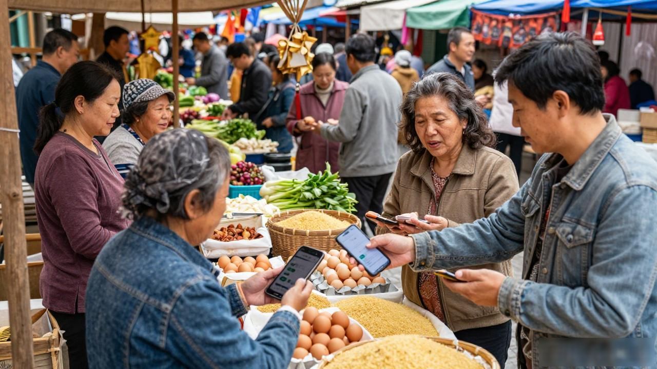 集市上拿数字货币直接换鸡蛋换米，不掏现金也能把生意做下去